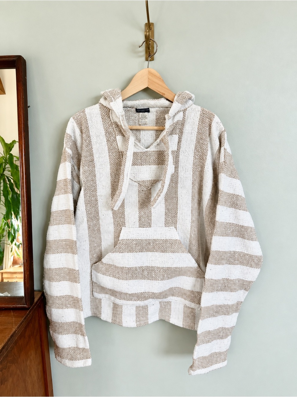 Earthbound Trading Co Baja Hoodie Pullover L Cream Tan Striped Woven Boho